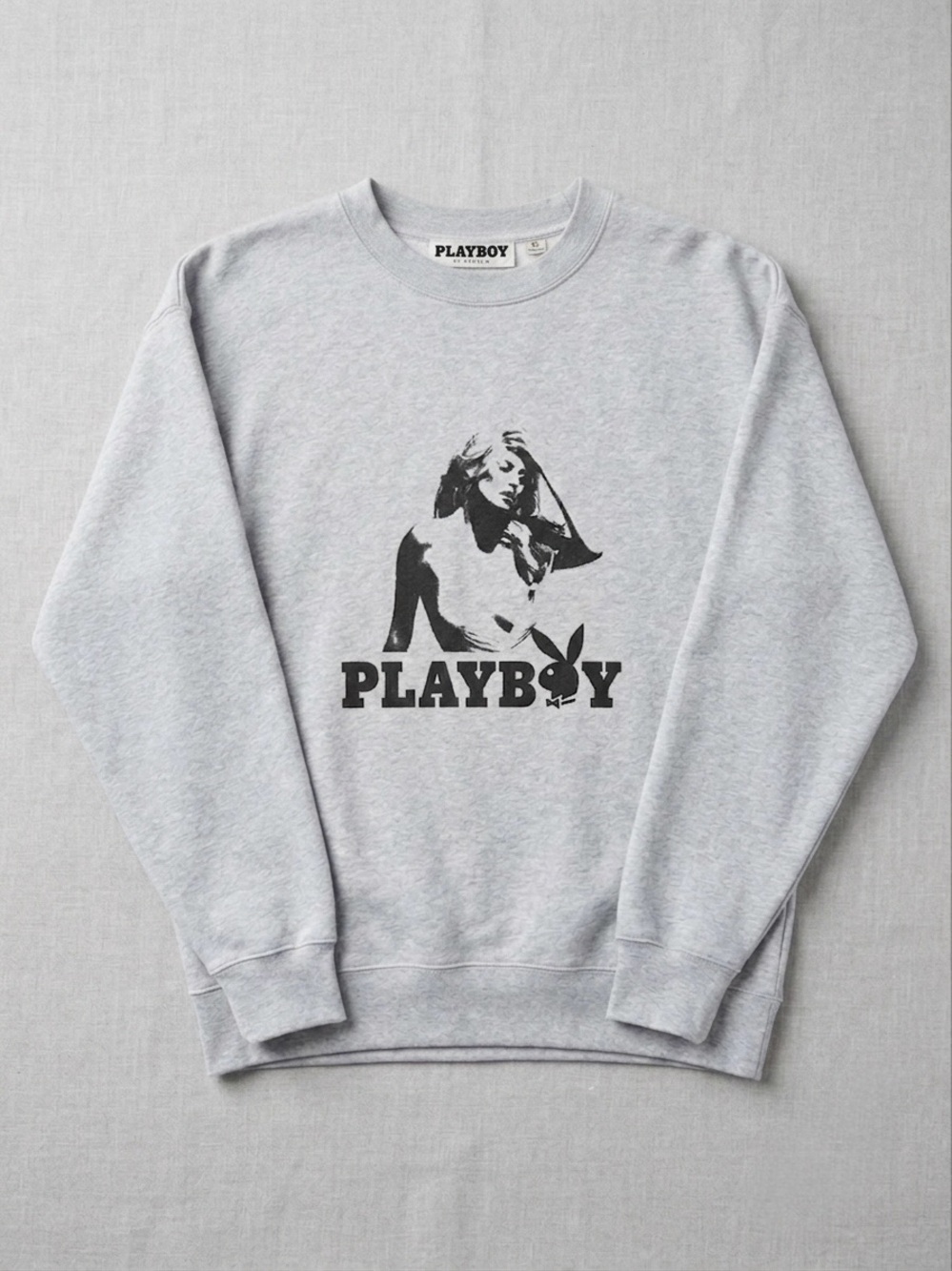PLAYBOY By Pacsun Light Gray Crewneck Sweatshirt with Black Graphic